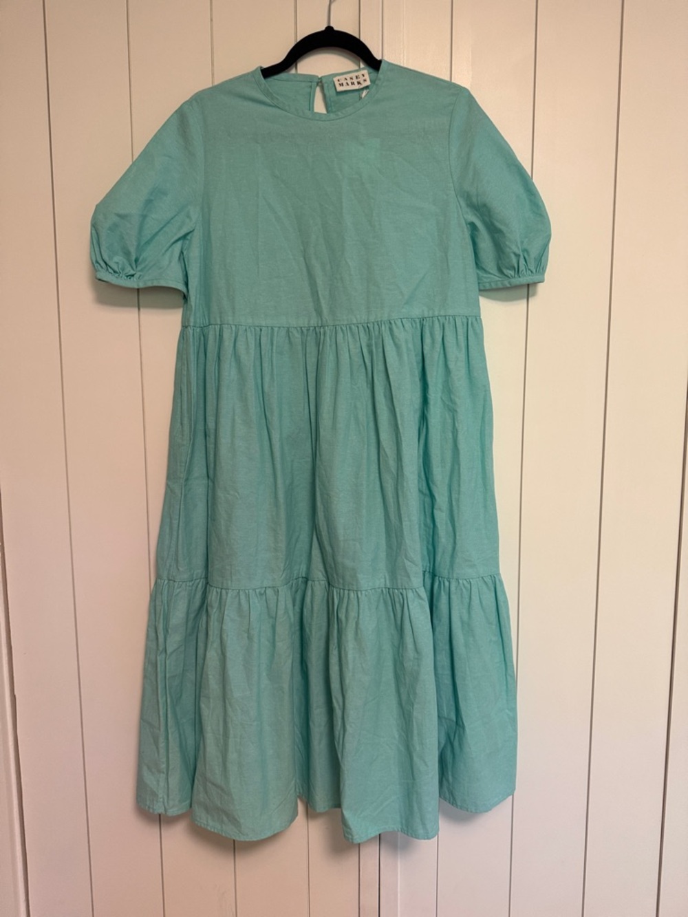Casey Marks Aqua Tiered Puff-Sleeve Dress